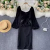 Eleganta franska kvinnor klä fast v-neck puffhylsa bodycon höst vinterklubb fest midi robe femme 210603