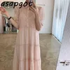 Vestidos Chic Summer Sweet Ruffles Manga corta Pink Turn Down Collar Vestido Mujeres Largo Plisado Hollow Out Girls Corea Elegante 210610