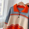 Women Jumpers Turn Down Collar Casual Knitwear Pullovers Striped Patchwork Pull Femme Hiver Orange Polo Sweater 210430