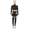 HAOYUAN Sexy Hollow Two Piece Set Long Sleeve Crop Top Bodycon Fitness Pants Women Joggers Clothes Matching Sets Club Outfits Y0625