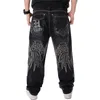 Men Street Dance Hiphop Jeans Fashion Embroidery Black Loose Board Denim Pants Overall Male Rap Hip Hop Jeans Plus Size 30-46 211120