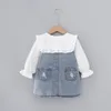 Toddler Girl Fall Kläder s Outfits Peter Pan Collar Vitskjorta + Denim Sundress 2PCS Baby E20129 210610