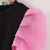 Kvinnor söt organknitted blouse pläterad puff långärmad o nacke stretchig skjorta kvinnlig vintage casual rosa toppar blusas 210430