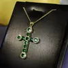 Choucong Brand Unique Cross Pendant Sparkling Luxury Jewelry 18K Gold Fill 11PCS Round Cut Emerald CZ Diamond Gemstones Women Wedding Clavicle Necklace Gift