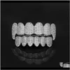 Grillz、Dental Body Drop Delivery 2021 Gold光沢のあるアイスアウト歯グリルズラインストーントップボトムグリルセットヒップホップジュエリー3SKLF