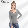 Causal Knitted Long sleeve Women Shirt Pullover Slim Striped Female T Shirts V-Neck Tops Feminina Ladies Clothes TATARIA 210514