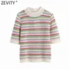 Zevity Women Stand Collar Rainbow Striped Casual Jacquard Knitting Sweater Female Chic Short Sleeve Pullovers Hollow Tops SW804 210806