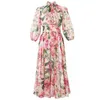 Fashion Summer Vacation Runway Jurk Dames Vlinderdas Bloemen Print Elegante Chiffon Es Dames Midi Vestidos 210421