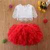 Blomma flicka sätter vår sommar vit spets topp + fluffig kjol 2pcs kläder set baby kläder 1-6y e199044 210610
