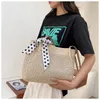 PB0012 Summer Fashion Straw Leisure Women's Bags with Silk Scarf Bow One Shoulder Slung Bucket Bag 2 Colors Khaki/Beige