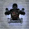 LED Horloge Murale Design Moderne Motos Motards Roi Crâne Disque Vinyle Montre Orologio Da Parete Crâne Moto Rider Cadeau 210325