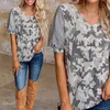 Fashion T-shirts Female Summer Camouflage Print V Neck Tops Plaid Patchwork Lantern Short Sleeve Women T Shirt Casual Loose Tees 210526