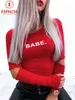Seksi Kadınlar Bahar Sonbahar Ince T-Shirt Oymak Tasarım O-Boyun Uzun Kollu Mektup Baskı Meme Büyütme Kazaklar Top X0628