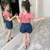 Teen Girls Clothing Plaid Tshirt + Denim Short Teenage Summer Clothes Casual Style Costumes For Children 210527