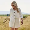 女性2ピース衣装カジュアルラペル長袖シングルブレストシャツ弾性ハイウエストショーツソリッドホワイトマッチングセットFemme 210522