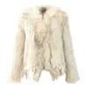 Colete de pele de coelho de malha natural com colarinho de guaxinim de manga comprida casaco de pele com tassel personalizado overcoat grande tamanho 210816