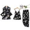 New Satin Pajamas for Women 3pcs Pjs Home Wear Clothes Print Floral Cotton Ladies Sexy Loose Sleep Nightwear Sets 210320