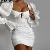 Damen Kleider Flare Sleeve Square Kragen Hohe Taille Schnürung Rückenlose Kleidung Frauen Weiß Party Club Mini Sexy Kleid Herbst 210515