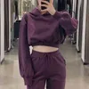 Kausal Kvinnor Sport Lila Hoodies Fashion Ladies Solid Short Tops Streetwear Kvinna Chic Elastiska Midja Pullovers 210430