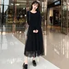 Autumn Korean Version of The Slim Slimming Dress Female Long-sleeved Knitted Mesh Stitching Pleated Puffy 210514