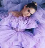 Lavendel Ruffled Tulle Prom Klänningar Långt tåg Tiered Hög Låg Kändis Kväll Klänning 2021 Pretty Party Wear Night Gowns