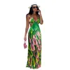 Bande de taille découpée Summer Bohemian Maxi Robe Femmes Halter Cou Dos Nu Robes De Plage Sexy Plume Imprimer Club Robe De Soirée 210719