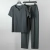 Vêtements pour hommes de grande taille Vintage Survêtement Mari 2021 Été Blanc Accueil Costume Lin T-shirt Mode Mâle Ensemble Chinois 8XL 9XL Y0831
