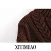 ZA Women Hand Knitted Sweater Autumn Fashion Brown Crew Neck Sweaters Basic Female Pullover Solid Femme Casual Knitwear 210602