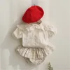 Корейский стиль летние малыши девочек хлопчатобумажные рубашки оборками воротник слоеного рукава детские дети топы милые блузки младенцы одежда 210521