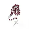 Qigo Red Wood Rosary Cross Necklace Virgin Father Religious Ornament Baptismal Bead Chain