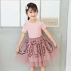 Dzieci Dzieci Dziewczyny Krótki Rękaw Mesh Księżniczka Sukienka Cut Cod Rękaw Ruffled Solid Topy Patchwork Mesh Summer Dress Suknia Q0716