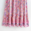 Piękno Moda Boho Różowy Kwiatowy Print Midi Sukienka Kobiety Plaża Chic Vintage Długie Suknie Kobiet Letni Wakacje Nosić 210514