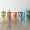 2022 Starbucks 24oz/710ml 플라스틱 머그잔 텀블러 재사용 가능한 맑은 마시는 평평한 바닥 기둥 모양 뚜껑 밀짚 컵 머그 공장 직접 판매 ABMB를위한 새로운 핫 제품