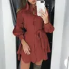 Plus Size Autumn Shirt Dress Women Solid Stand Neck Lace Patchwork Long Sleeve Belt Mini Dress Ladies Buttons Ruffle Party Dress 210322