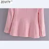 Zevity Women Sweet Double Breated Texture Pink Tweed Woolen Blazerコートビンテージ女性のアウターシックなビジネススリムトップスCT714 210603