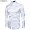 Men's Slim Fit Silk Like Satin Dress Shirt Long Sleeve Emulation Silk Button Down Shirt Men Dance Prom Club Wedding Shirt Male 210522