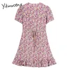 Yitimuceng Purple Floral Print Dresses Women Summer Lace Up Mini High Waist Trumpet Puff Sleeve Sundress Fashion Boho Dress 210601