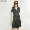 Minimalism Summer Dress For Women Offical Lady Stripe Printed Vneck Loose Belt Knee-length 12030094 210527