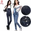 Qualidade Macacão Denim Macacões Mulheres Combinaison Femme Cintura Alta Elegante Ajustável Strap Jeans Jeans Calças Calças Mulheres 210518