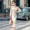 Franse stijl zeemeermin jurk vrouwen lente zomer lange mouw niche taille split fishtail slanke midden-lengte outfit 210601