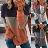 여성용 티셔츠 가을 패션 캐주얼 긴 소매 스트라이프 라운드 넥 컬러 일치하는 느슨한 풀오버 탑 플러스 크기 # 35