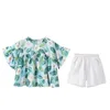 Sommer Kinder Sets Kurzarm O Neck Print T-shirt Weiß Solide Shorts 2 stücke Mädchen Kleidung 2-7T 210629