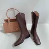 Meotina Äkta läder Mid Heel Mid Calf Stövlar Kvinnor Skor Square Toe Block Heels Zip Western Boots Kvinna Höst Brun Svart 210520