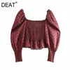 [Deat] Moda Primavera Outono Puff Sleeve Quadrado Collar Polka Dot Long Casual Camisa Feminina 13C227 210527