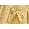 Sweet Women Yellow Plaid Dress Fashion Ladies V-Neck Asymmetric Vestidos Elegant Kvinna Chic Bow Sashes Mini Dresses 210427