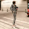 Costumes pour femmes Blazers Mode Pak Vrouwen Lange Jas Slim Afslanken Zwart-wit Gestreepte Professionele Slijtage Broek Tweedelige Set