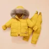 겨울 어린이 의류 세트 눈 정장 재킷 + Jumpsuit 2pcs 세트 아기 소년 소녀 오리 아래로 코트 유아 소녀 옷 210916