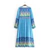 Skönhet Mode Bohemian Style Peacock Print Maxi Dress Kvinnor Semester Chic Bow Tie Kvinna Långa Klänningar Sommar 210514