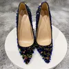 Dress Shoes Blue Bling Sequins Women Sexy Extremely High Heels Pointed Toe Slip On Stiletto Chic Pumps Ladies Party Wedding