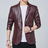 Fashion Men's Casual Boutique Suit Leather Jacket / Male Solid Color Business Suit Collar PU Blazers Dress Coat 211009